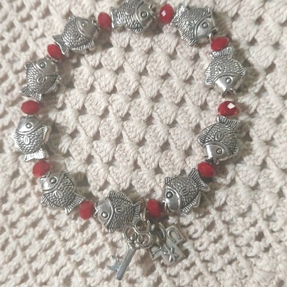 Vintage glass bead Alpha Omega Cross & chastity key Fish Silver bracelet